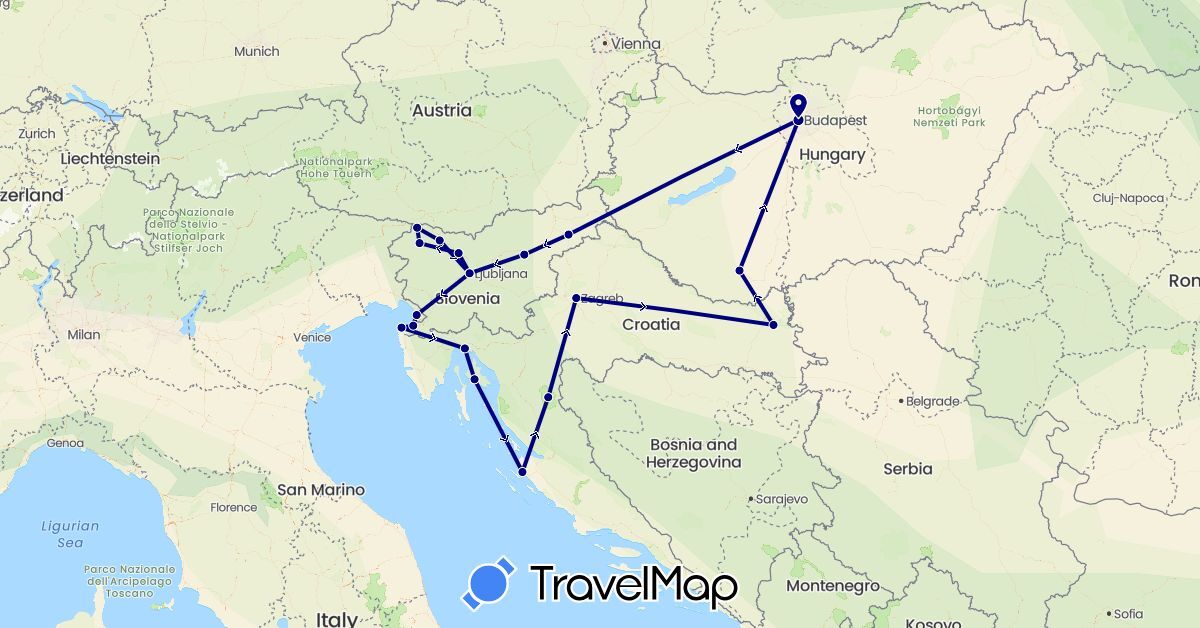 TravelMap itinerary: driving in Croatia, Hungary, Italy, Slovenia (Europe)